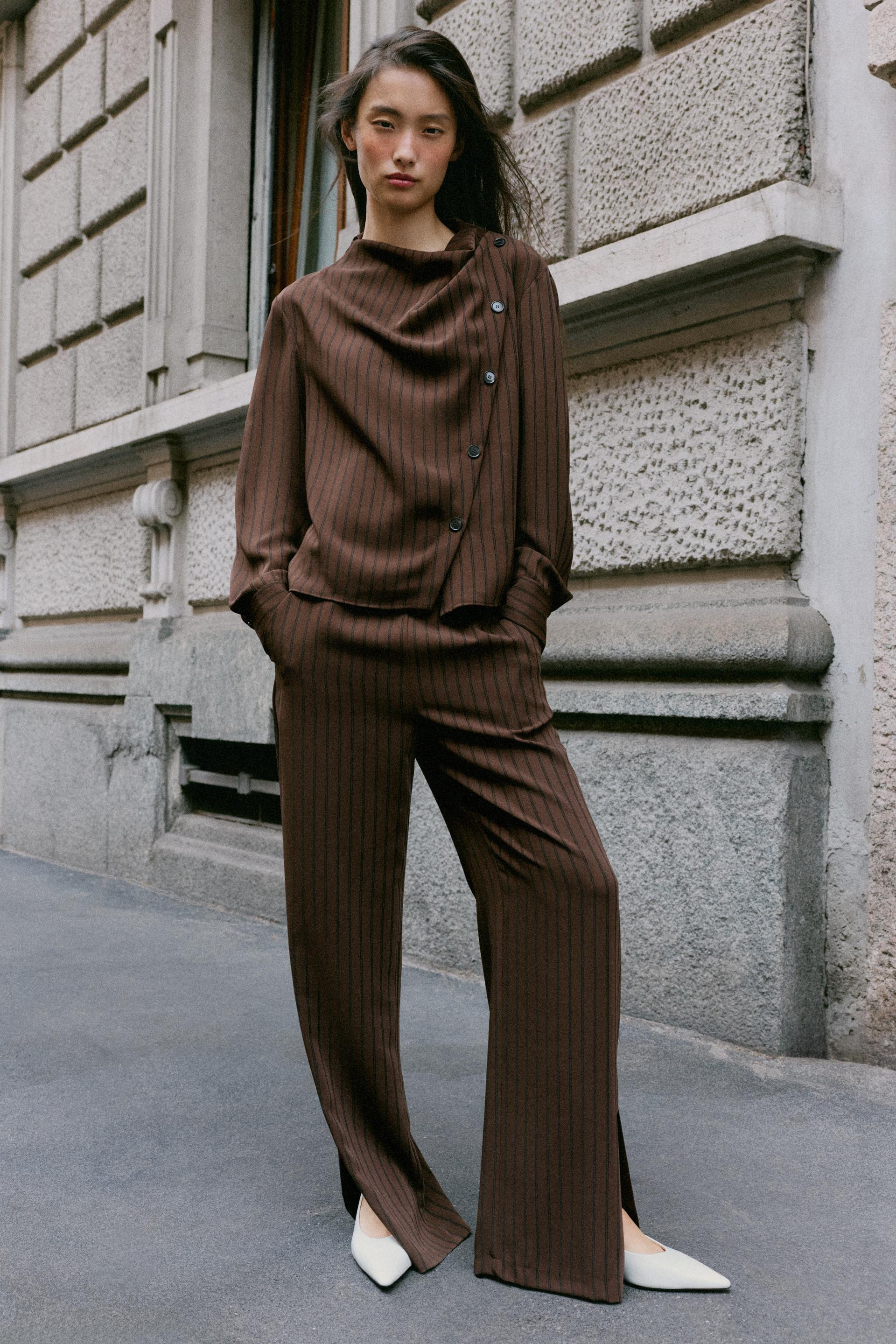 Zara - Striped Pants With Side Slits - Brown Stripes - M - Woman | Zara US