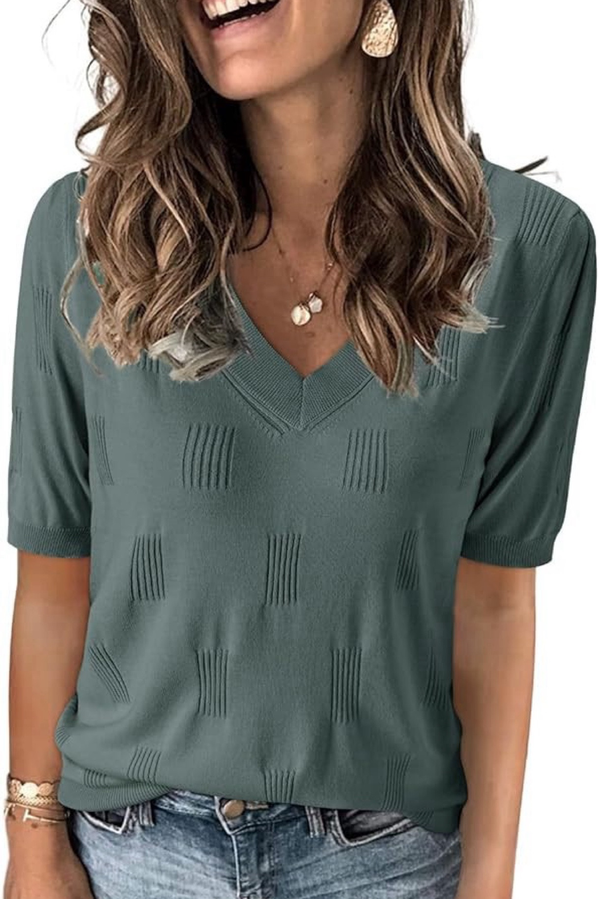 V neck short sleeve sweater 
Perfect to transition into fall
Multiple color options
Sizes: XS-3XL

I wear a small 

#LTKMidsize #LTKSaleAlert #LTKSeasonal
