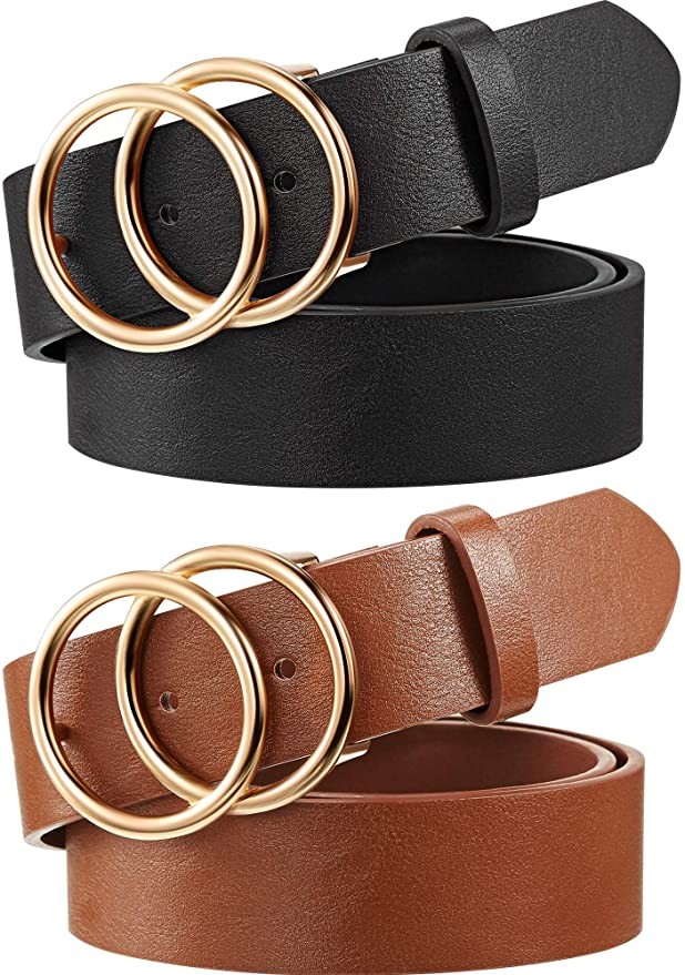 2 Pieces Women Leather Belt Faux Leather Waist Belts with Double O-Ring Buckle | Amazon (US)