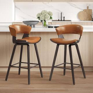 Iya 26.97 in. Seat Height Brown Faux Leather Counter Stools with Metal/Wood Frame and Metal Footrest, (Set of 2) | The Home Depot
