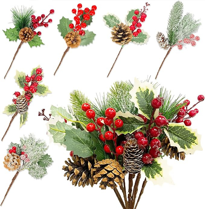 TURNMEON 12 Pack Artificial Pinecones Pine Red Berry Stems Decor, 6 Styles Artificial Christmas P... | Amazon (US)
