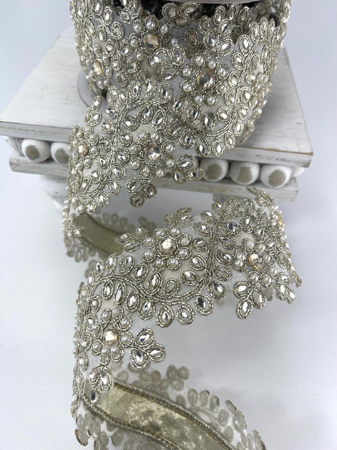 Platimum Christmas Ribbon, Platinum Farrisilk Pearl and Crystal Gem Wired Ribbon 2.5, Luxury Chri... | Etsy (US)