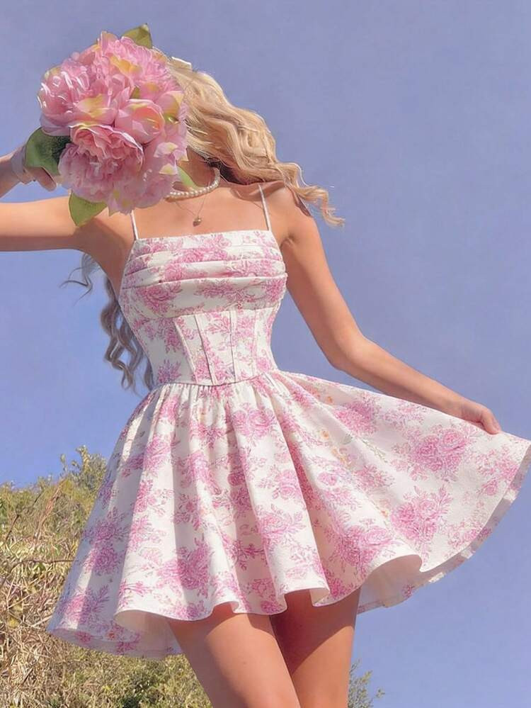 SHEIN MOD Pink Floral Print Dreamy Romantic Draped Neck Flared Long Dress – Garden Tea Party, Date, Party, Women's Summer And Spring Dress, Beachwear, Spring Break, Vacation, Picnic, Festival, Birthday Outfit.Pink And White Floral Print Sundress, Sleeveless, Spaghetti Straps, Fit And Flare Silhouette, Ruched Bodice, Lightweight Fabric, Soft Texture, Gathered Waist, Above Knee Length, Feminine Style, Breathable Material, Vintage-Inspired Look, Gentle Drape, Summer Dress, Romantic Pattern, Pastel Tones, Flared Skirt, Charming Details,Summer Holiday Outfits, Vacation Outfits , Carnival Costume , Valentines Day Outfit , Valentine Outfits For Women , Summer Outfits , Spring Break Outfits Pink Flower Dress Pink Sundress Pink Tea Party Dress Pink Corset Dress Pink Sun Dress Summer Clothes Summer Outfits For Women Easter Dress Women Party Dress Beach Dresses Wedding Guest Dresses Graduation Dresses Summer Holiday Outfits | SHEIN