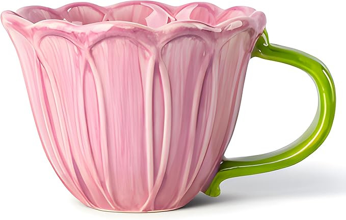 16oz Ceramic Coffee Mug – French Sweet Pastel Pink Cup with Green Handle & Tulip Petal Embossed... | Amazon (US)