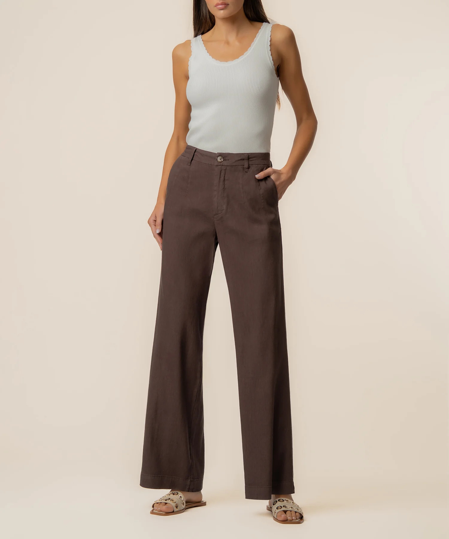 Meg Linen High Rise Wide Straight Leg - 00 / Chocolate - Kut from the Kloth | Kut From Kloth