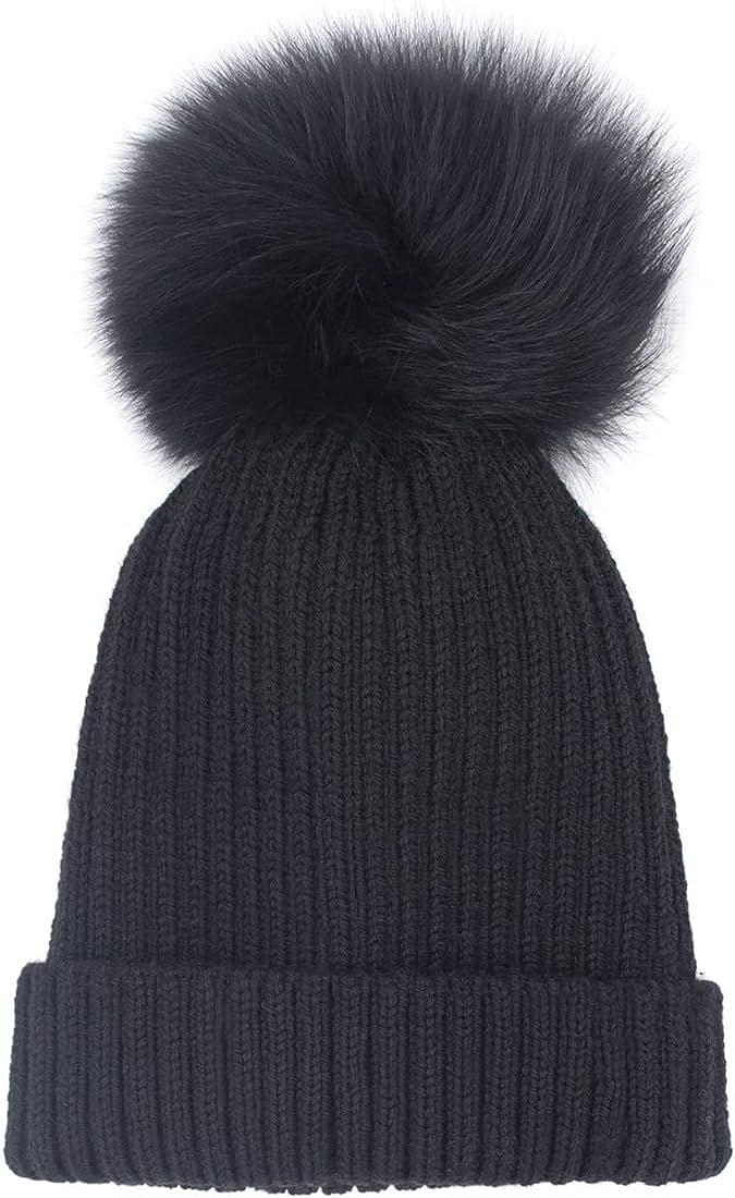 Fox Pom Knit Hat - Removable Pom Pom Fur Ski Style Hat - Warm Winter Fashion | Amazon (US)
