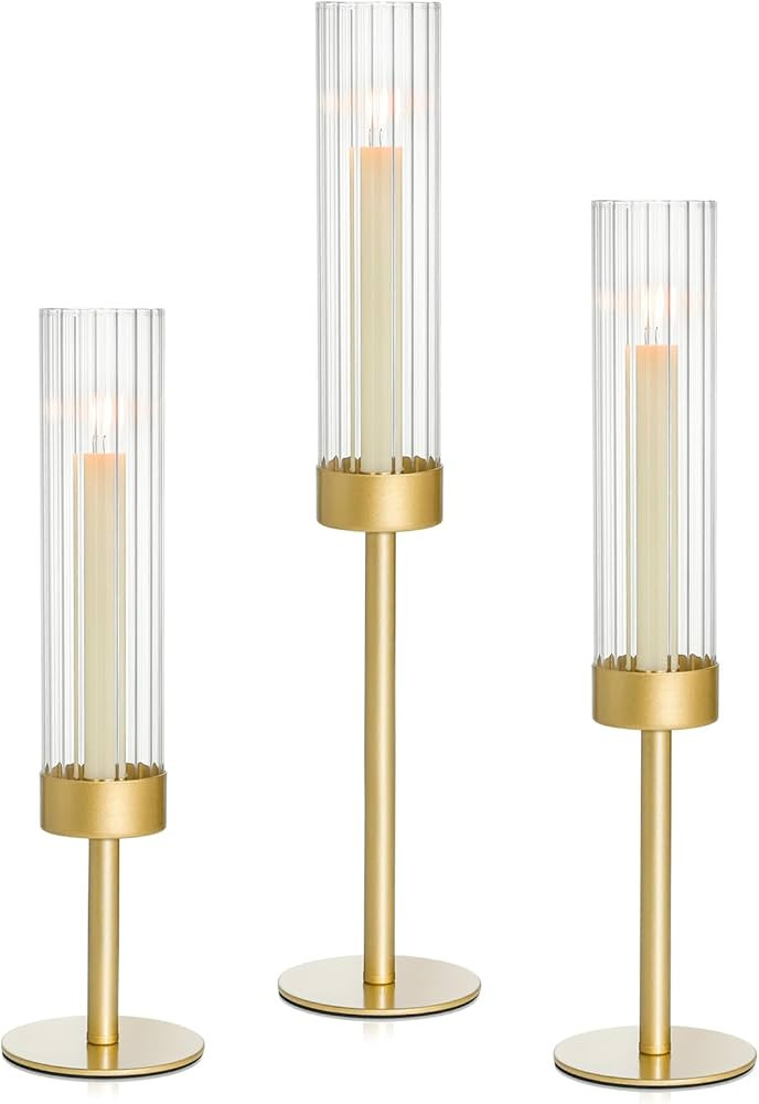 Gold Hurricane Candle Holders Set of 3, Brass Taper Candle Holders for Candlesticks, Elegant Tall... | Amazon (US)