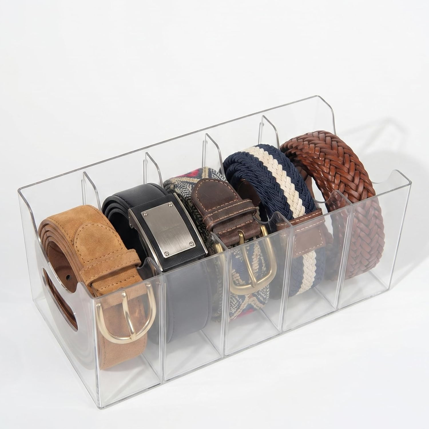 Belt storage Organizer for Closet with Removable Dividers - 5 Compartments & Handles Drawer organization and storage for underwear, Socks, and Bow Ties Acrylic Belt Organizers (1pack) | Amazon (US)
