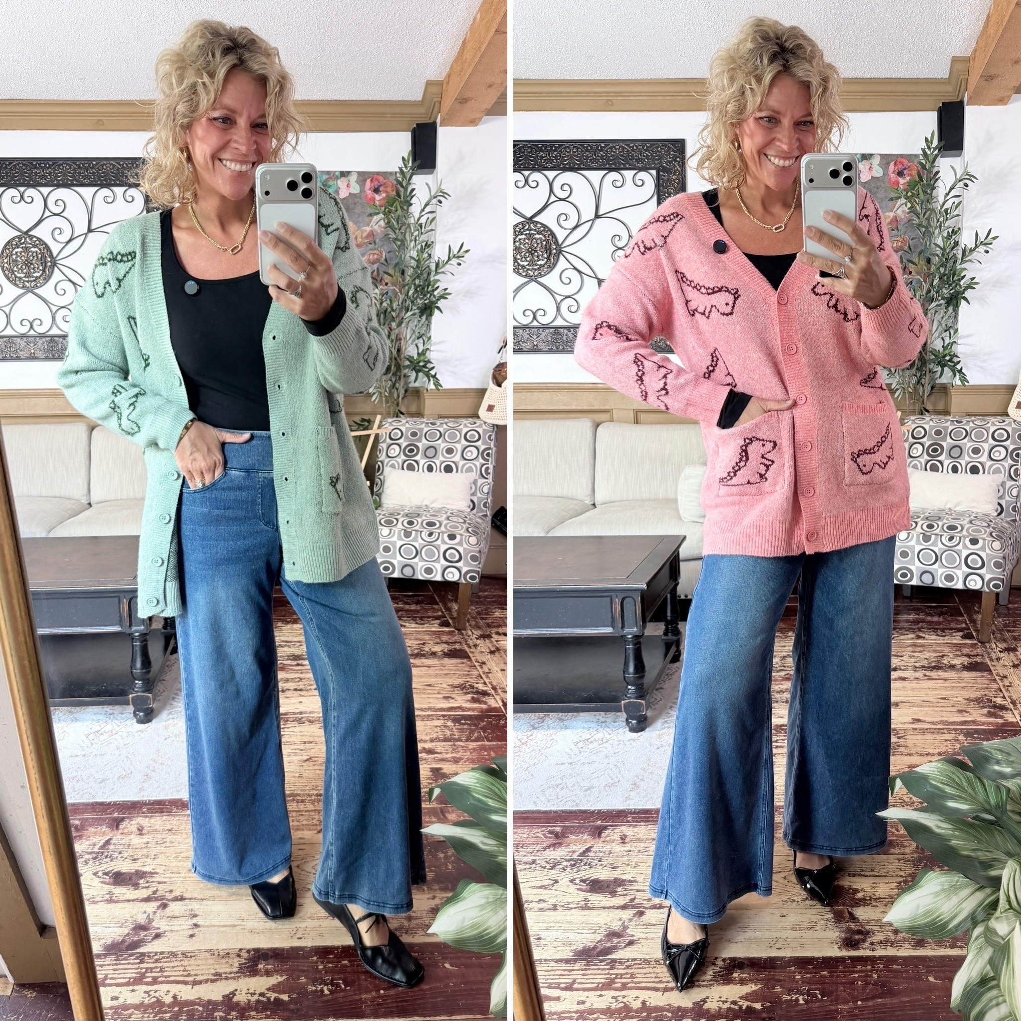 The cutest dino 🦖 cardigan- super soft & stretchy. Size 12 in drapey jeans; size 10 in cardigan; large in long sleeved tee.

#LTKSeasonal #LTKOver40 #LTKMidsize