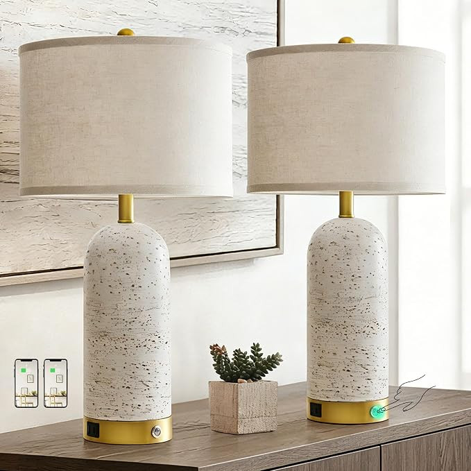 RORIA 25" Set of 2 Touch Rustic Table Lamps for Living Room, Resin Stone Travertine Nightstand Mo... | Amazon (US)