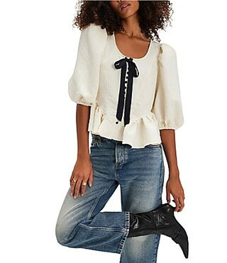 Free People Pamela Bow Satin Jacquard Scoop Neck Short Puff Sleeve Ruffle Hem Top - L | Dillard's