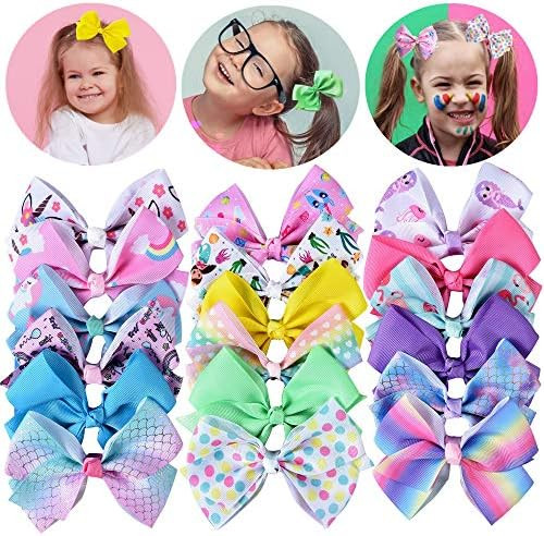 18 Pcs 5 Inches Hair Bows for Girls,Grosgrain Ribbon Bow Clips with Alligator Clips,Rainbow Merma... | Amazon (US)