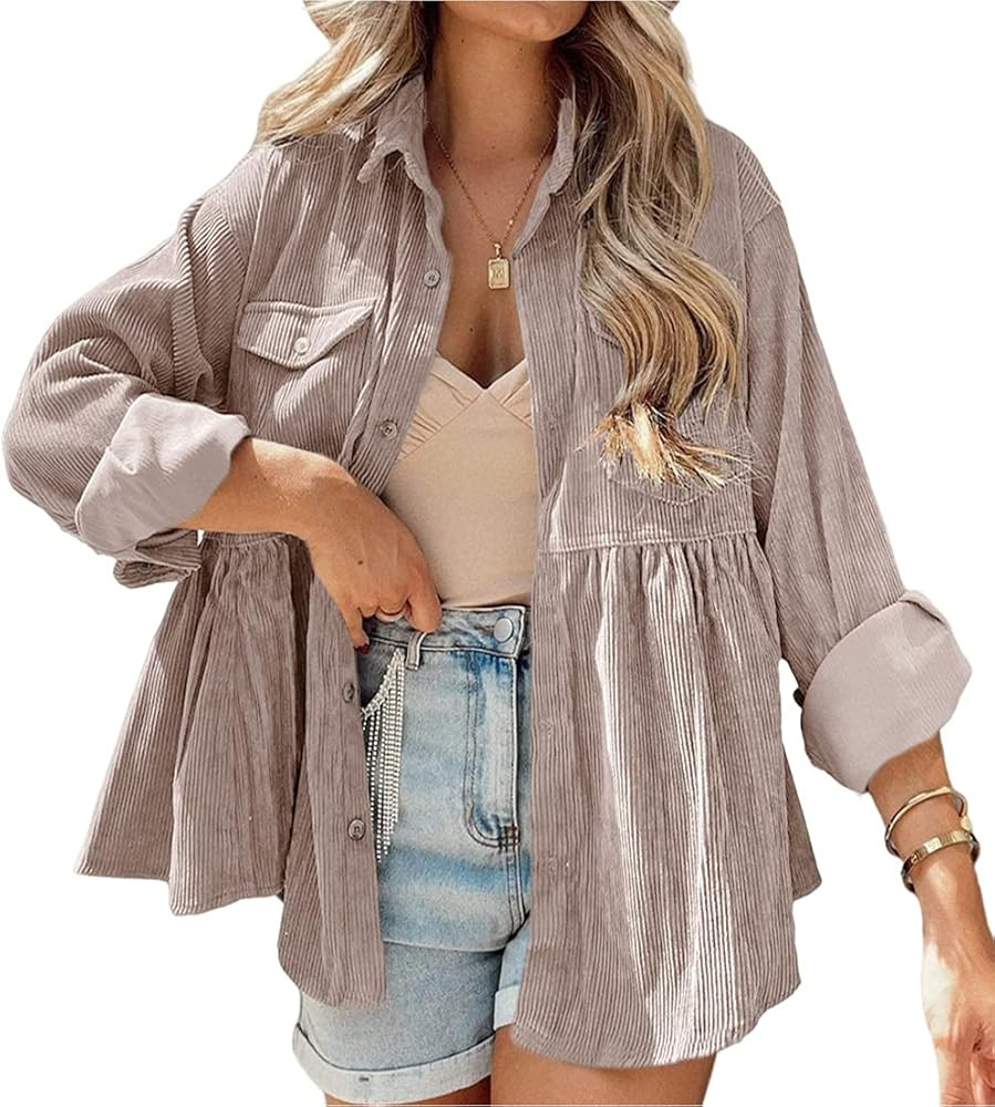 JINZHAO Womens Corduroy Peplum Shirts Tops Cute Long Sleeve Button Down Blouses with Pockets | Amazon (US)