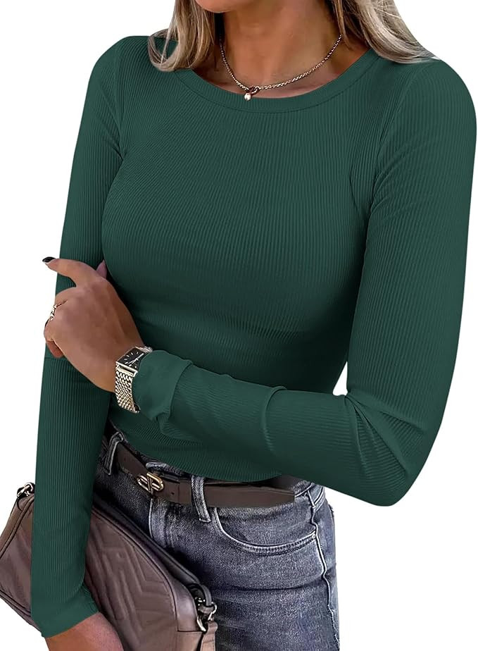 PRETTYGARDEN Women 2025 Fall Clothes Long Sleeve Shirts Ribbed Knit Fitted Basic Tee Going Out To... | Amazon (US)