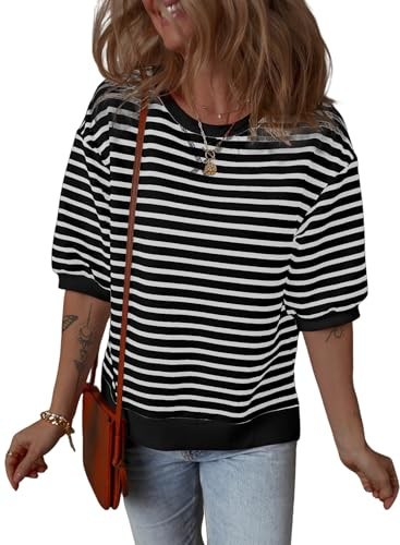 Dokotoo Striped for Women 2025 Trendy Round Neck 3/4 Lantern Sleeves Cute Pink Pullover Sweater Fashion Spring Color Block Tops Shirts,Black(Black Stripe) | Amazon (US)