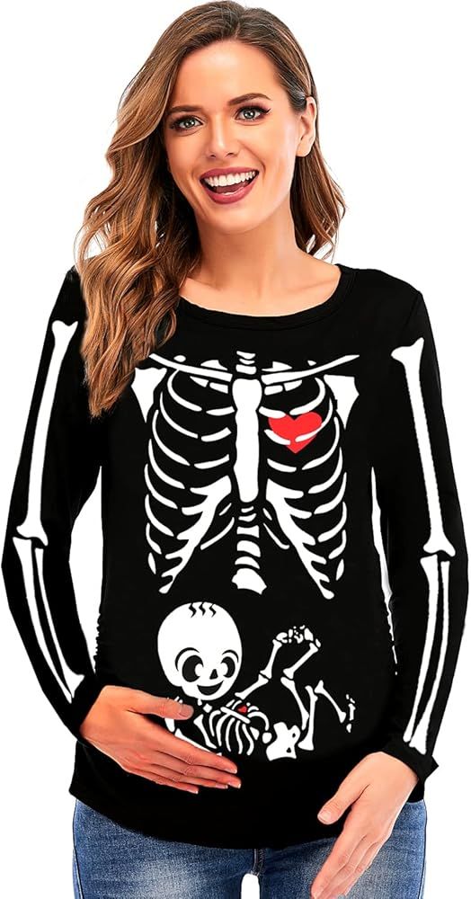 Amazon.com: Halloween Maternity Shirt for Women Long Sleeve Pregnancy Costume Tops Skeleton Baby ... | Amazon (US)