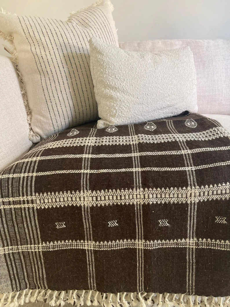 Indian Handmade Wool Throw Blanket | Bhujodi Blanket | Wool Blanket in Dark Brown | Handwoven Woo... | Etsy (US)