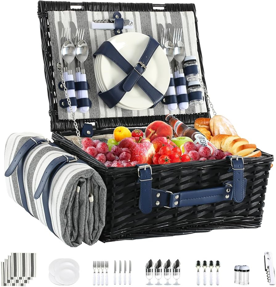 Picnic Basket Set for 4 with Waterproof Picnic Blanket and Insulated Cooler, Large Wicker Picnic ... | Amazon (US)