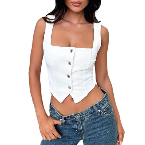 Women Denim Crop Vest Y2k Button Down Sleeveless Crop Top Jean Tank Top Slim Backless Corset Top Smocking Vest (A1-White, L) | Amazon (US)