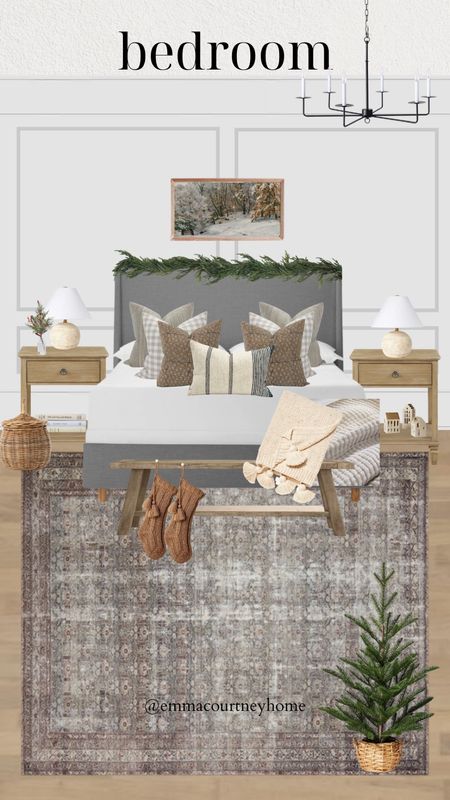 Bedroom mood board with holiday and Christmas decor. Perfect for the cozy winter season. Featuring one of the new loloi and amber Lewis rugs! 

#LTKHoliday #LTKhome #LTKsalealert