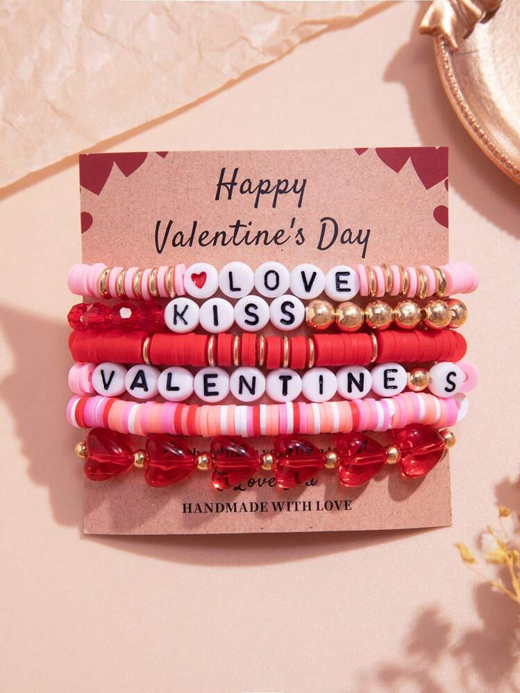 5pcs Minimalist Romantic Valentine's Day Element Letter Decor Beaded Stretch Bracelets, Stackable... | SHEIN