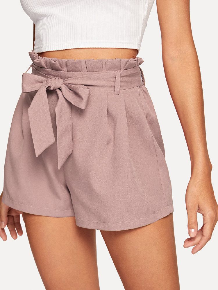 Solid Belted Paperbag Shorts | SHEIN