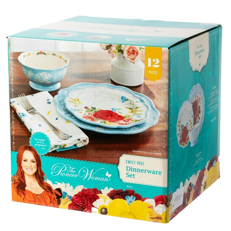 The Pioneer Woman Sweet Rose Light Blue Stoneware 12-Piece Dinnerware Set | Walmart (US)