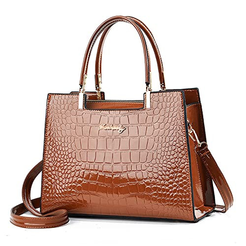 Caalaay Women handbags Purse Shiny Patent Leather Crocodile Pattern Top Handle Handbag Satchel Bags Zipper Medium Tote Bag-Brown | Amazon (US)