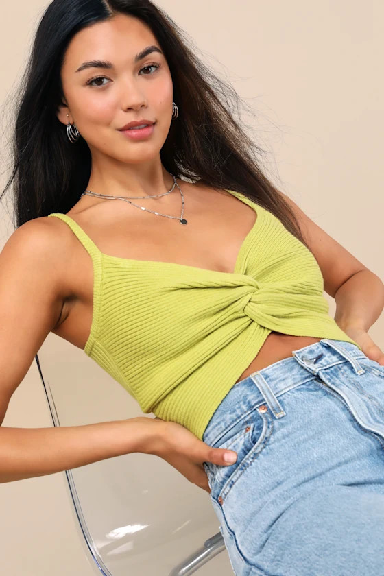 Melika Lime Green Ribbed Knotted Crop Tank Top | Lulus