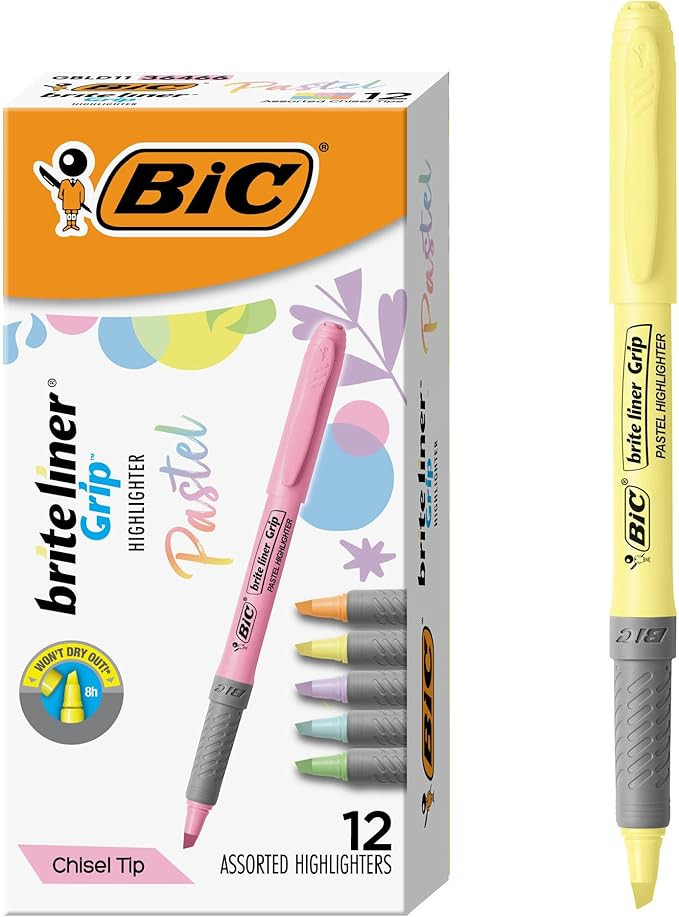 BIC Brite Liner Grip Pastel Highlighter Set, Chisel Tip, 12-Count Pack of Pastel Highlighters in ... | Amazon (US)