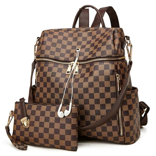 Sexy Dance 2Pcs Fashion Women Checkered Tote Shoulders Bag,PU Leather Backpack,Anti-Theft Travel ... | Walmart (US)