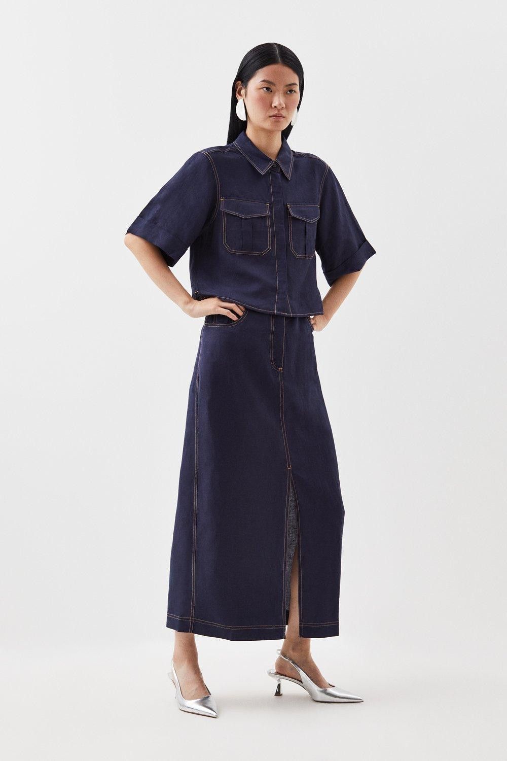 Indigo Topstitch Vicose Linen Split Front Skirt | Karen Millen US