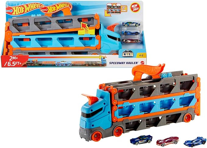 Hot Wheels - Speedway Hauler Storage Carrier with 3 1:64 Scale Cars & Convertible 6-Foot Drag Rac... | Amazon (US)