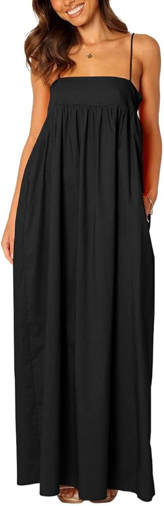 ebossy Women's Summer Backless Tied Spaghetti Straps Casual Loose Cutout Maxi Dress with Pockets | Amazon (US)