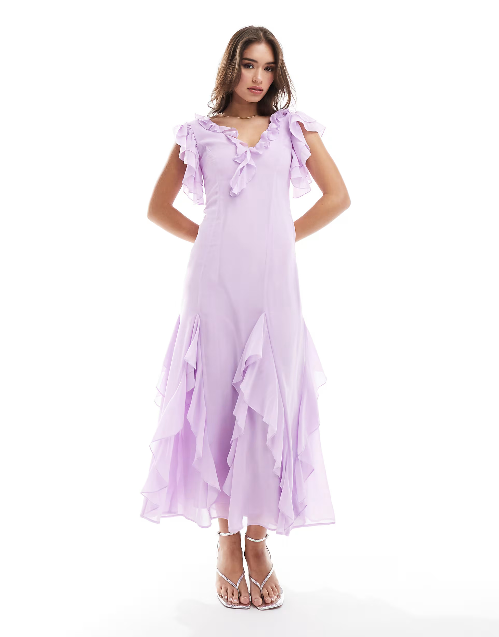 ASOS DESIGN godet frill midi dress in lilac | ASOS (Global)