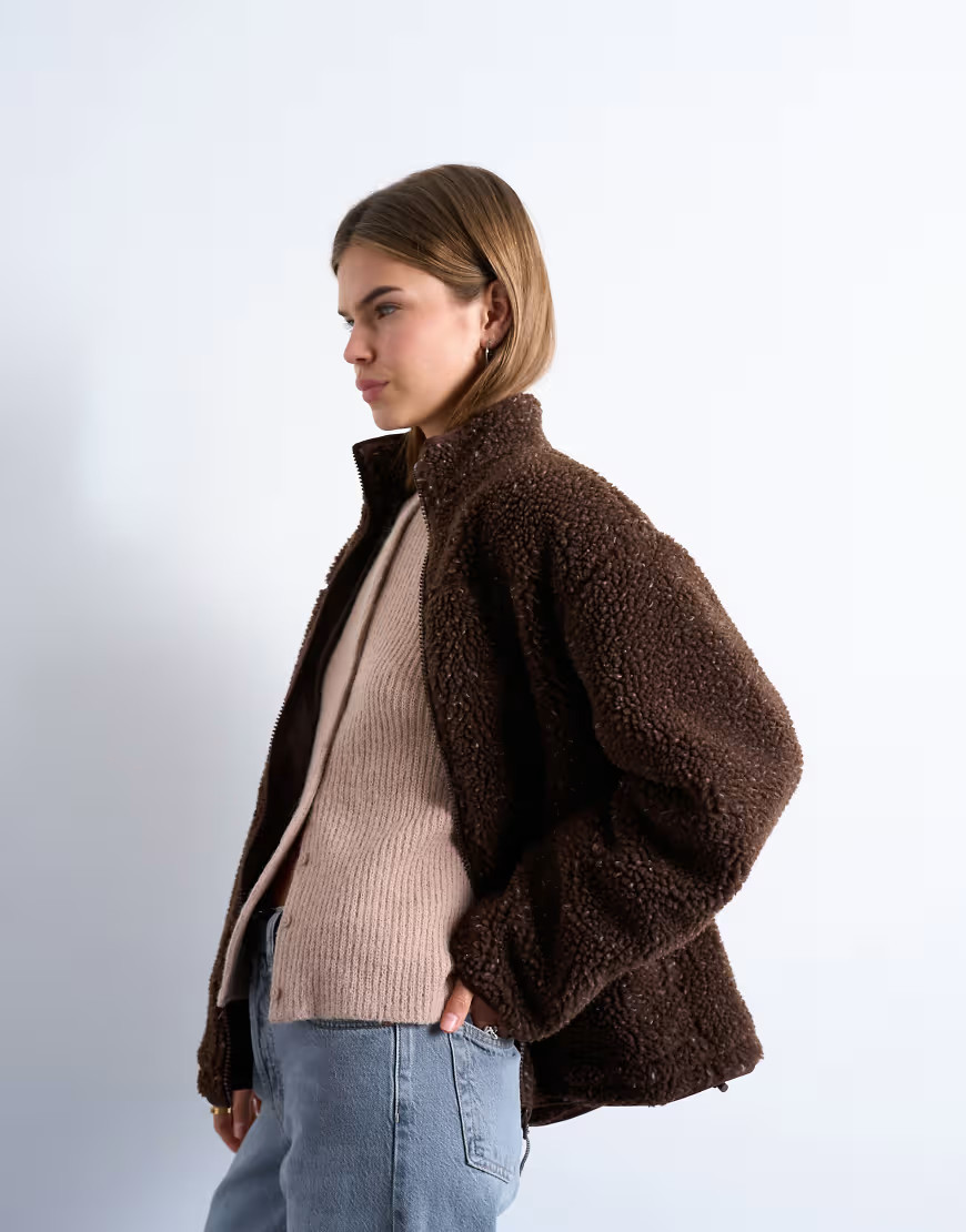 Topshop oversized funnel fleece jacket in chocolate speckle-Multi | ASOS (Global)