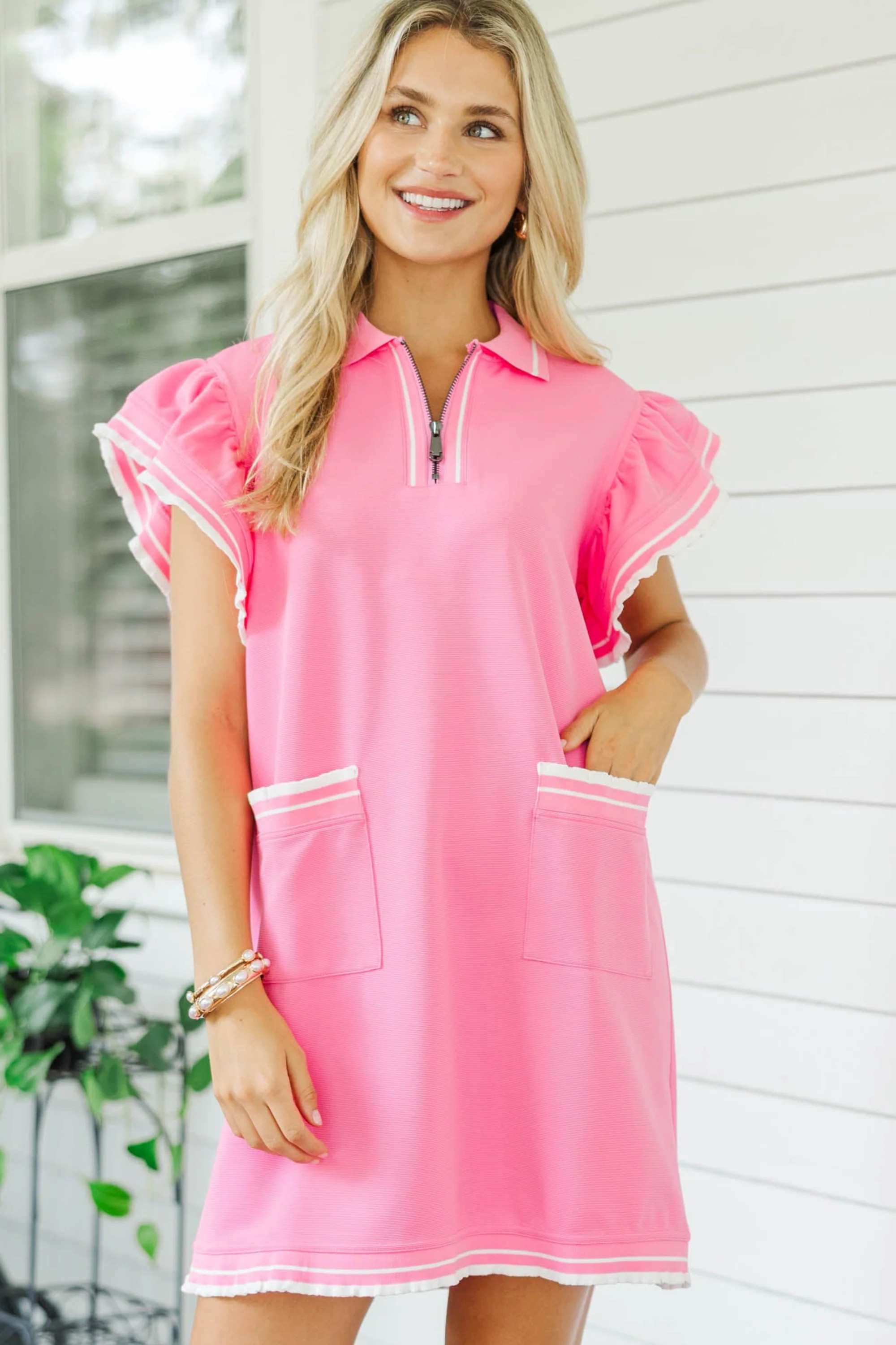 The Club House Pink Ruffled Collared Dress | The Mint Julep Boutique