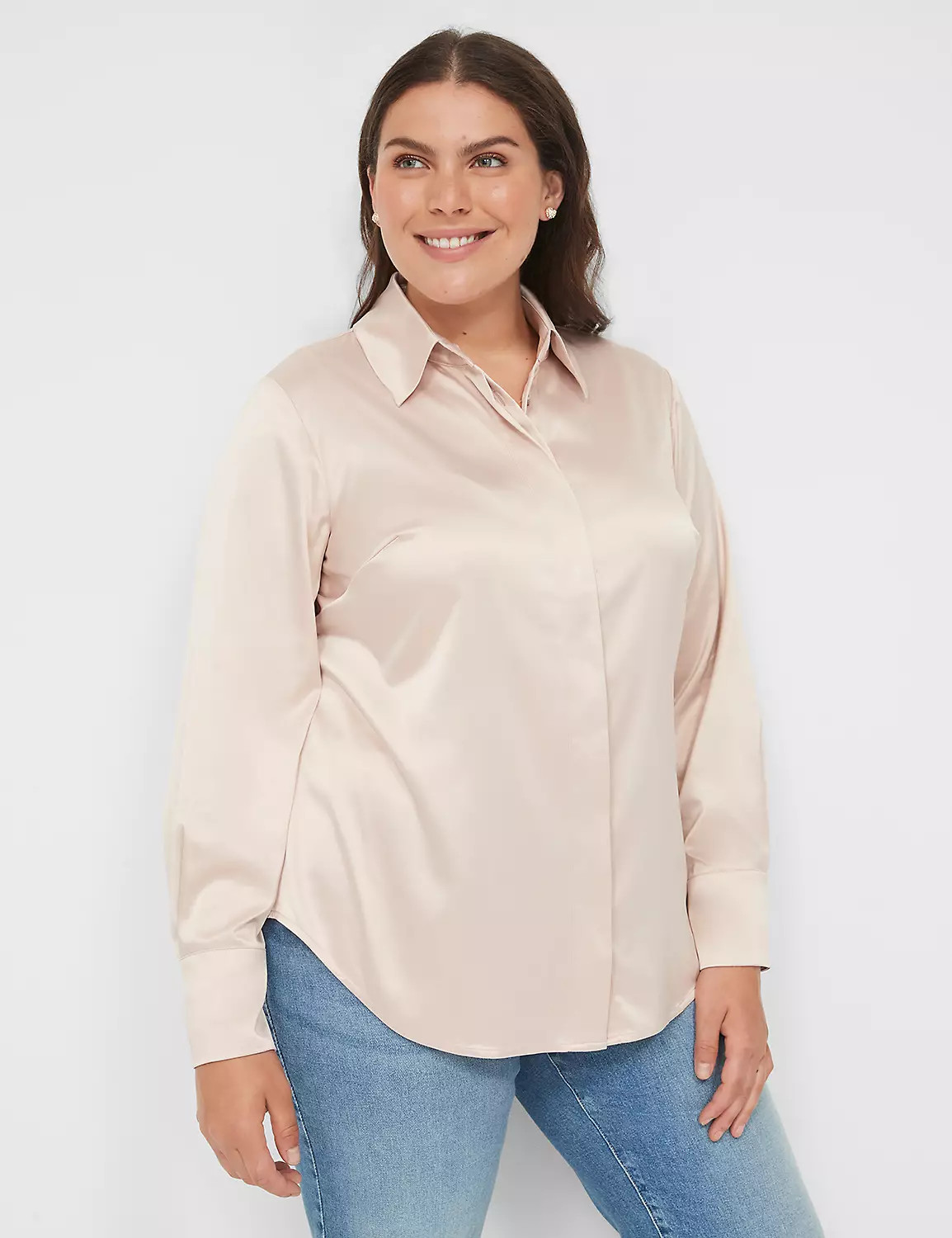 Long-Sleeve Button-Down Satin Shirt | LaneBryant | Lane Bryant (US)