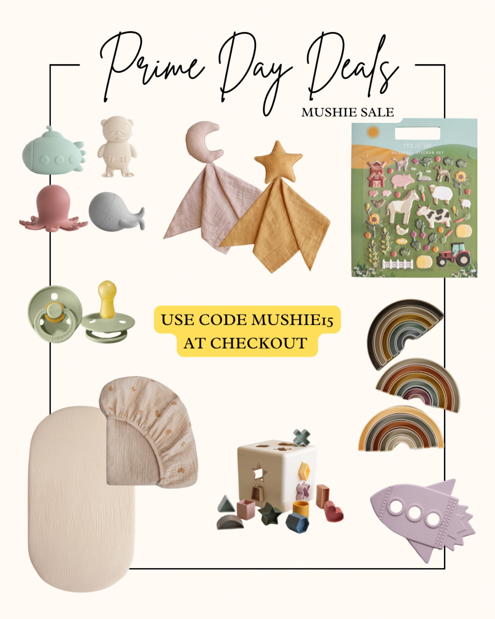 Mushie on sale for prime day! The discount doesn’t show up automatically, so make sure to use the code MUSHIE15 at checkout to receive your discount. Tons of great toys and nursery essentials for baby. 

#LTKBaby #LTKBump #LTKSaleAlert