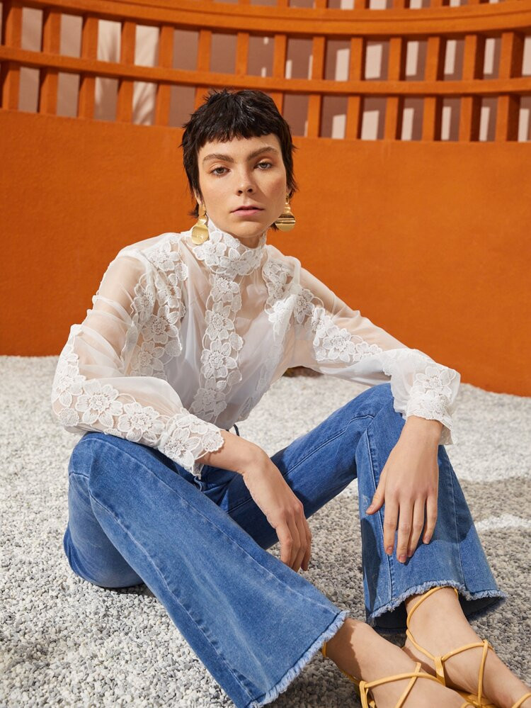 SHEIN Floral Embroidery Lantern Sleeve Organza Top Without Bra | SHEIN