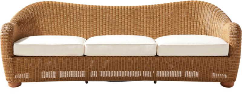 Bacio 86" Light Brown All-Weather Rattan Outdoor Sofa With White Sunbrella Cushions | CB2 | CB2