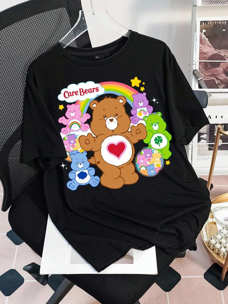 SHEIN X Care Bears Black Crew Neck Short Sleeve Comfortable Summer Casual T-Shirt For Women, Cheer Bears Bedtime Bear Good Luck Bear Love-A-Lot Bear Funshine Bear Tenderheart Bear Cartoon English Letter Graphic T-Shirt | SHEIN