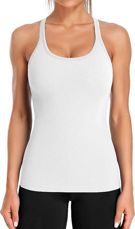 Ribbed Workout Tank Tops for Women with Built in Bra Tight Racerback Scoop Neck Athletic Top | Amazon (US)