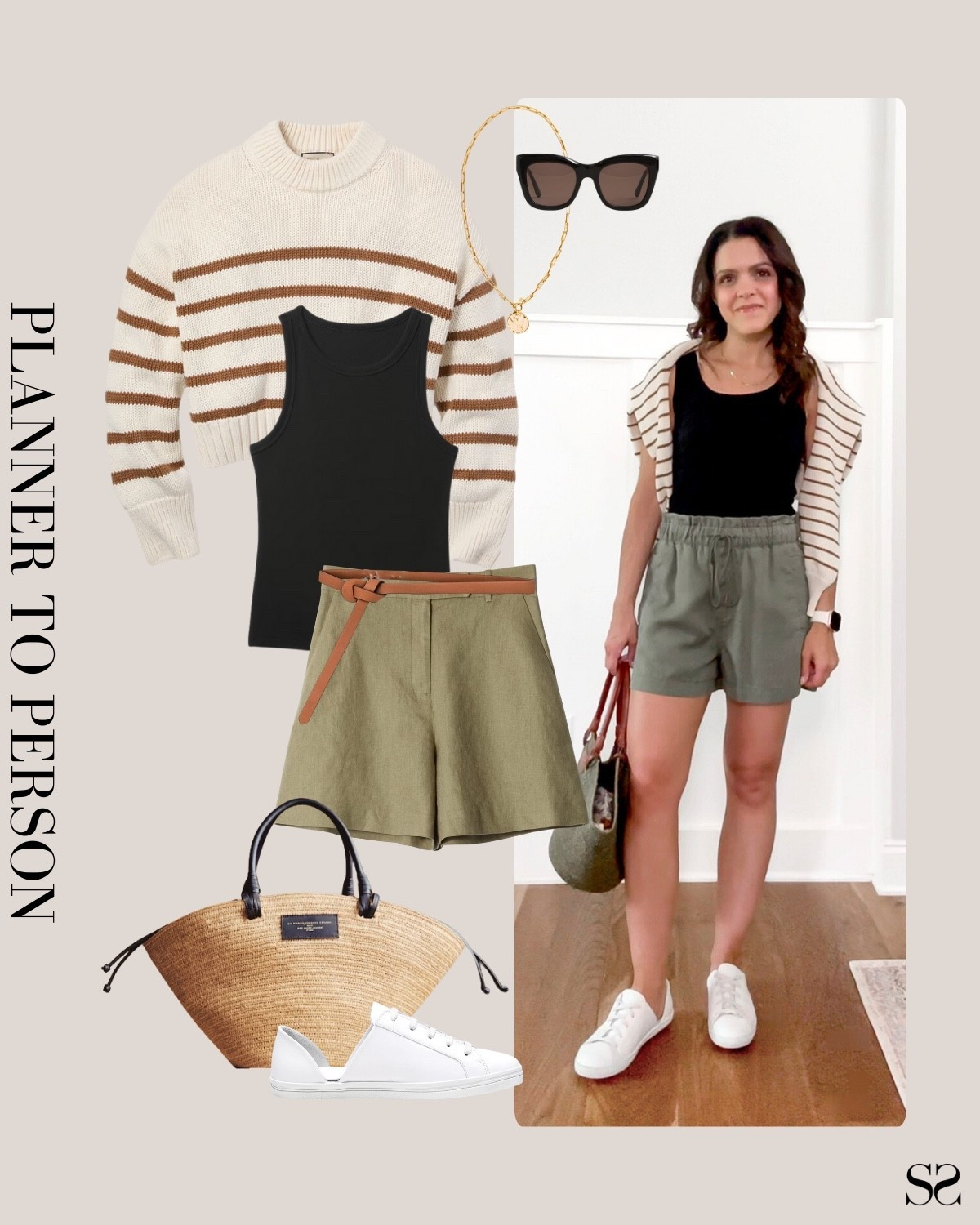 Planner to person | Monthly outfit planner AUGUST: Summer looks, pin to planner outfit inspo | striped sweater, black tank, olive shorts, dorsay sneaker, straw raffia tote 

#summeroutfit #casualstyle 


#LTKStyleTip #LTKSeasonal