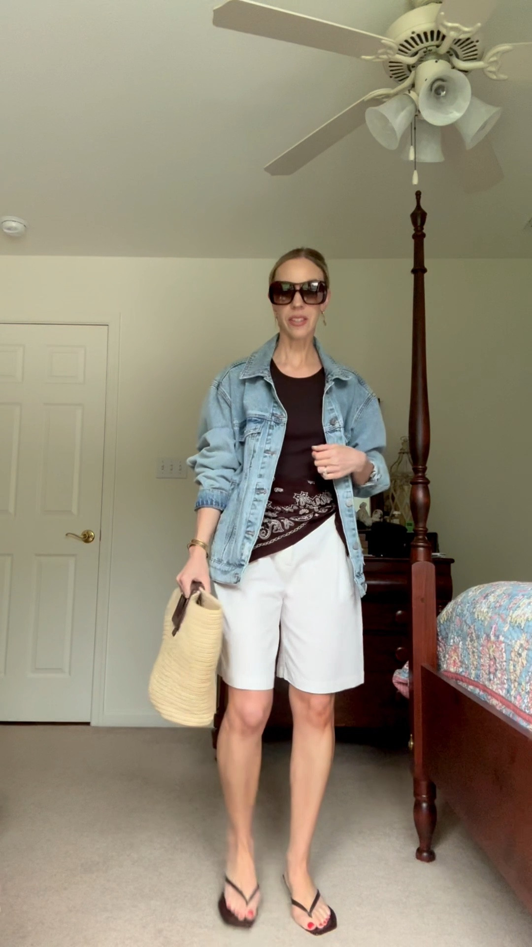 Casual summer outfit with linen bermuda shorts, oversized denim jacket, @Madewell dark brown bandana scarf, kitten heel thong sandals, Le Tanneur straw tote bag

#LTKgrwm #LTKootd #LTKSaleAlert