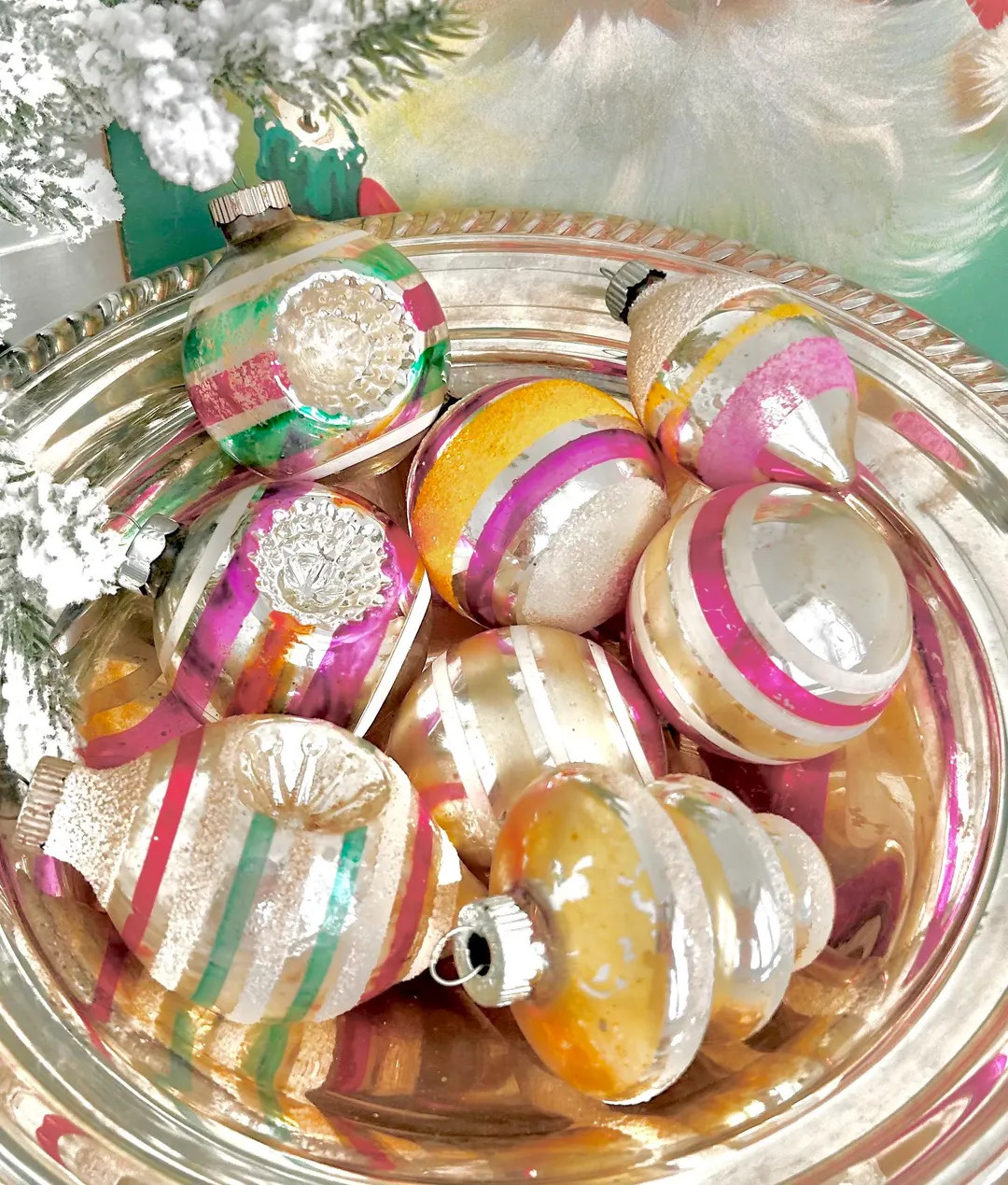 Vintage Shiny Brite Flocked, Striped, Indented, Atomic Glass Christmas Bulb Ornaments - USA - Ets... | Etsy (US)
