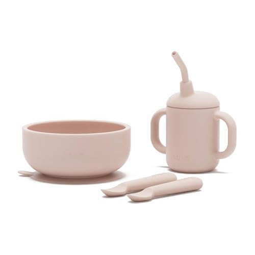 Lalo First Bites Silicone Baby Feeding Set - Baby Led Weaning Supplies - Non-Toxic Silicone - Includes 2 Spoons, Training Cup, & Suction Bowl - 4 Pieces - Grapefruit | Amazon (US)
