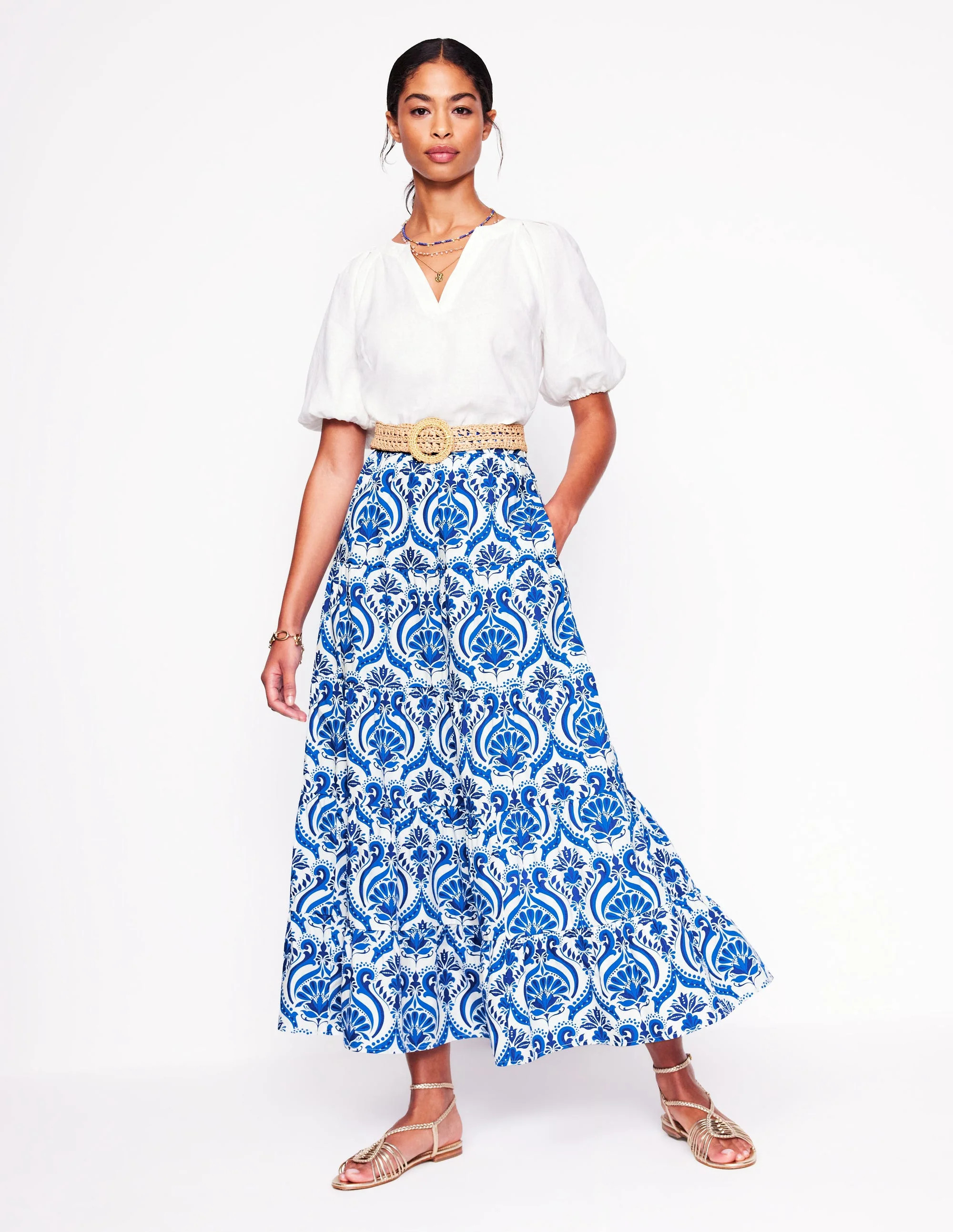 Nadia Poplin Maxi Skirt-Blue, Ornamental Floral | Boden UK