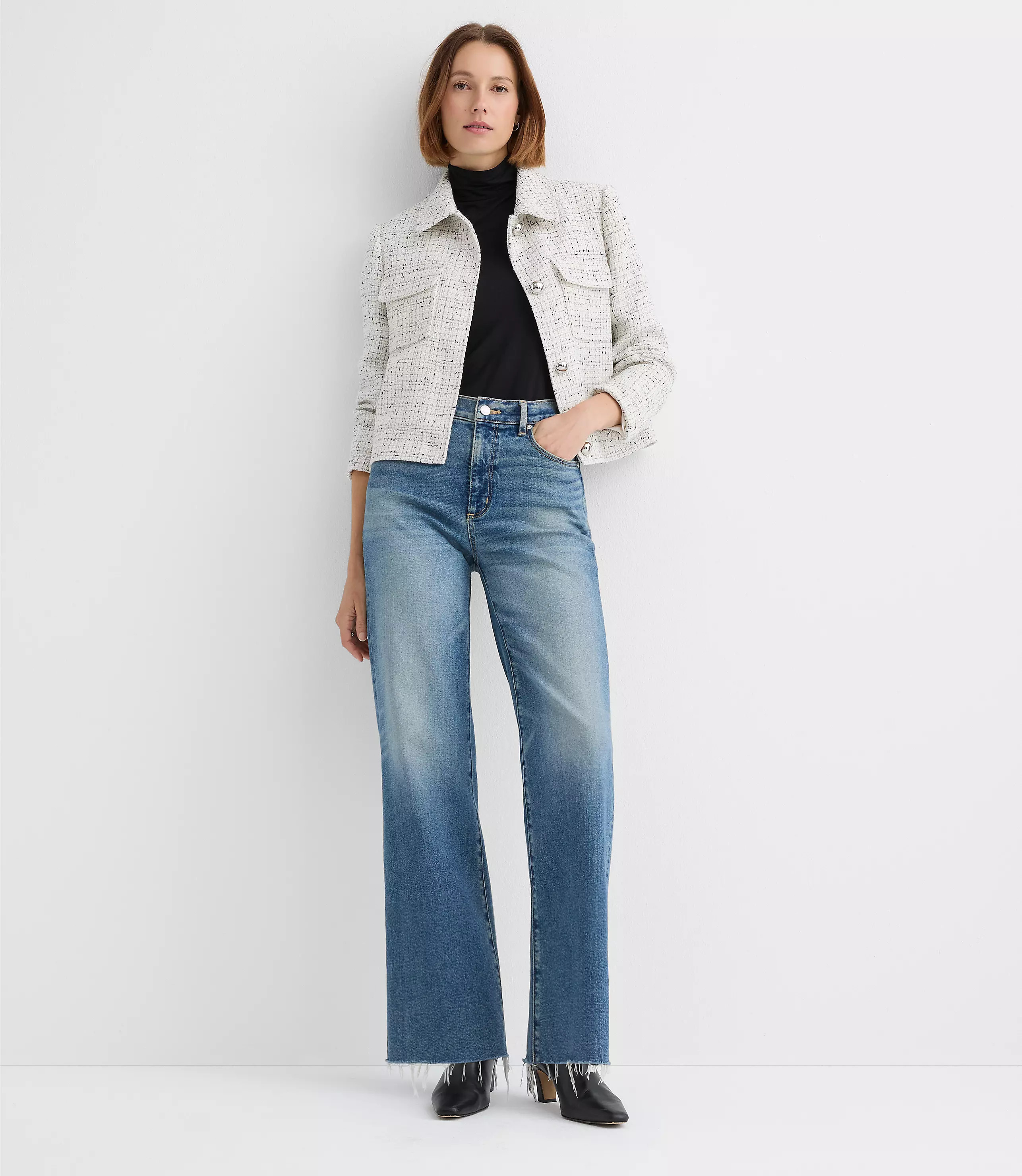Petite Frayed High Rise Wide Leg Jeans | LOFT