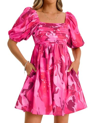 Wenrine Womens Summer Square Neck Mini Dresses Casual Floral Puff Short Sleeve Smocked High Waisted A-Line Babydoll Dress Rose Red | Amazon (US)
